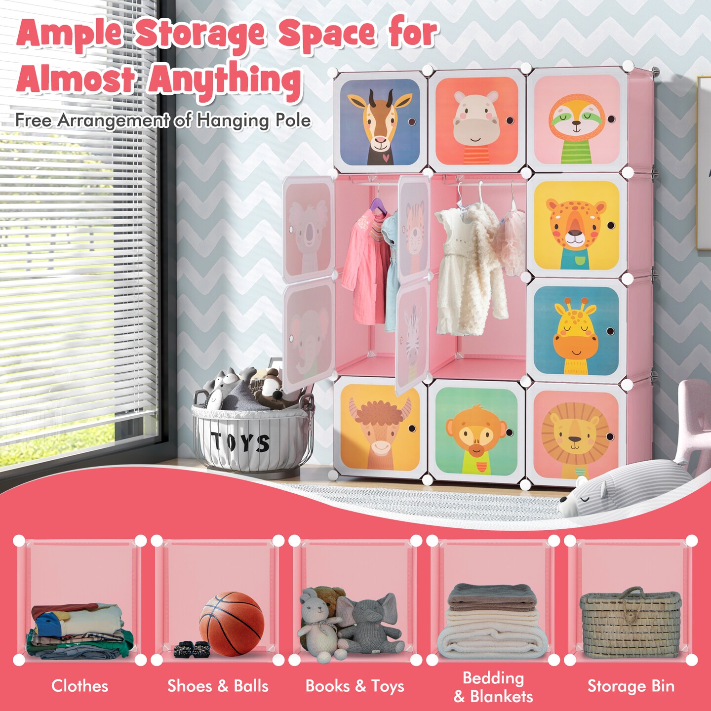 12 Cube Kids Closet with Hanging Rod and Storage Doors for Easy Organization