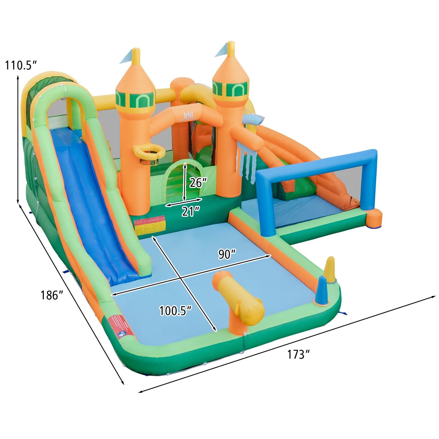 Multi-color Inflatable Water Park for Kids with Water Slide Basketball Hoop Soccer Game and Climbing Wall