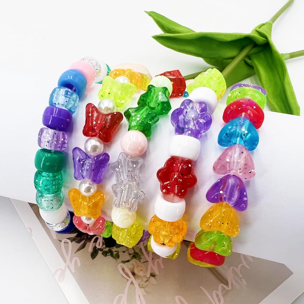 MIIIM 1000Pcs 6x9mm Pony Beads Shapes in 5 Styles 21 Colors, Heart, Star, Butterfly, Flower, Assorted Kandi Beads for Friendship Bracelet, Big Hole Hair Braids Crafts, Jewelry Making (Multi-Glitter)