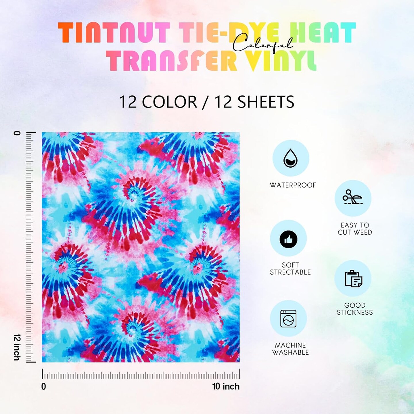 Tie Dye HTV Heat Transfer Vinyl - 12 Sheets Bundle, 10x12 Inch (Mutilcolor)
