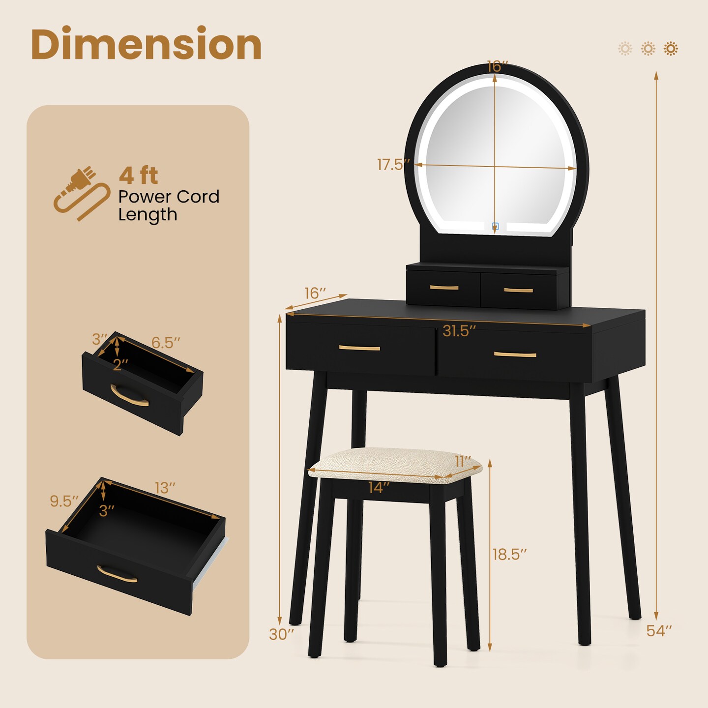 Wood MDF Vanity Table with LED Mirror, Storage Drawers and Stool