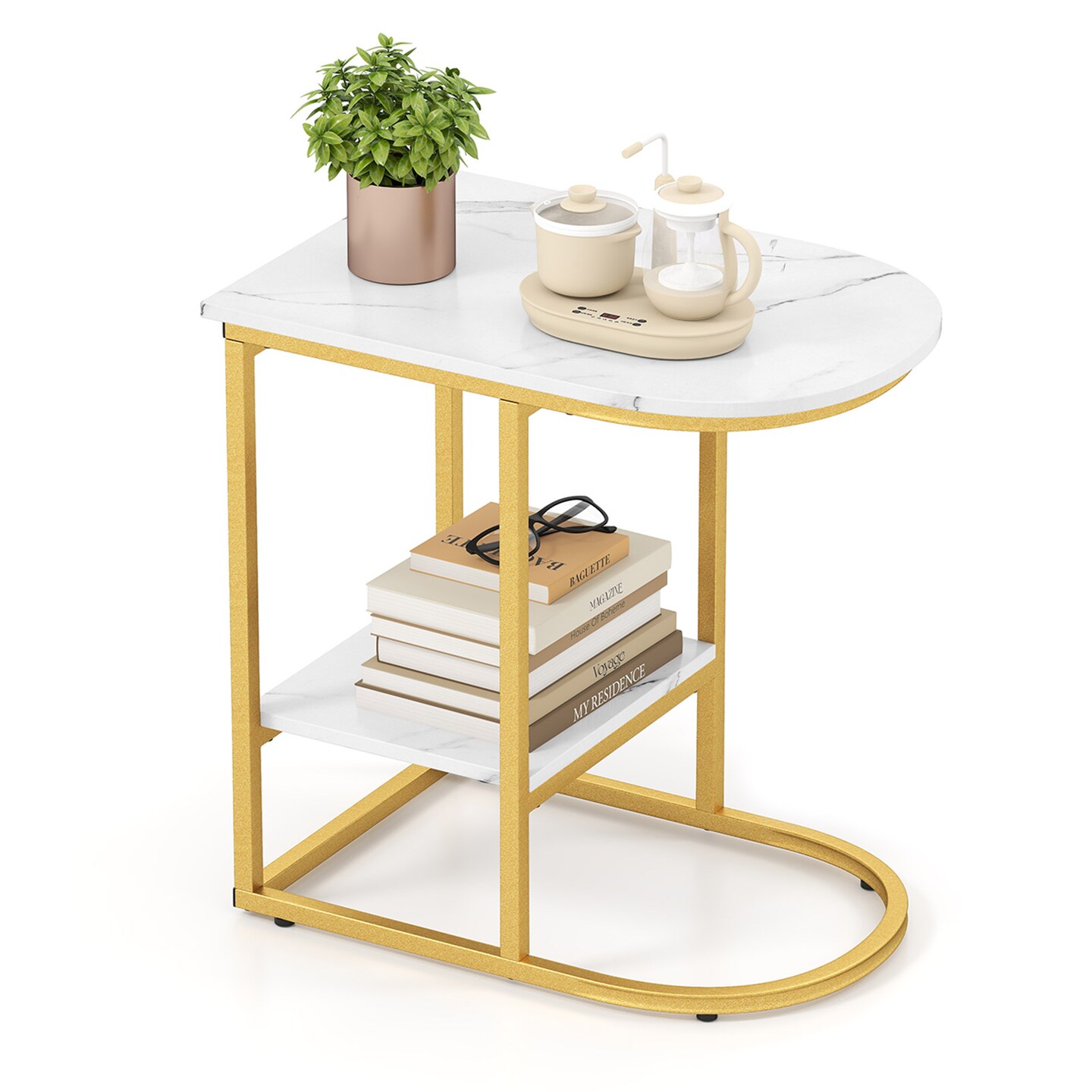 Modern C-shaped Side Table with Faux Marble Top and 2-Tier Storage Shelf
