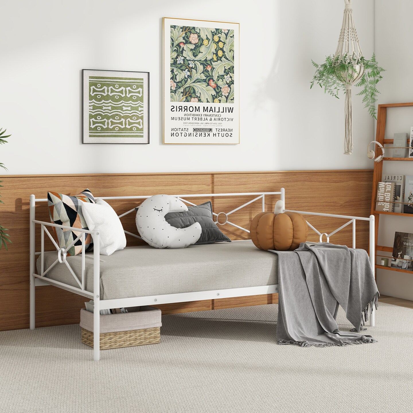 White Metal Twin Size Daybed Frame with Steel Construction Under-bed Storage and Victorian Style Design