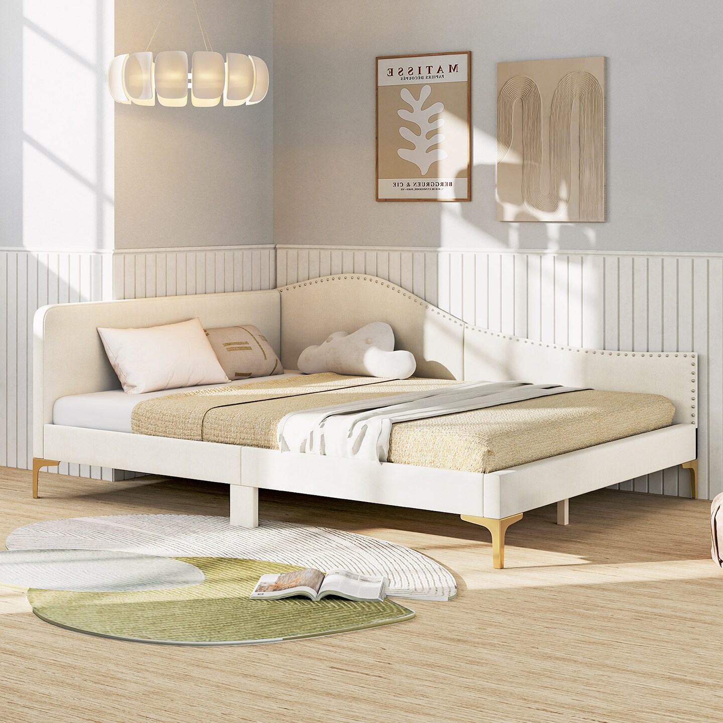 Beige Solid Wood Linen Fabric Daybed with Rivet Tufted Design