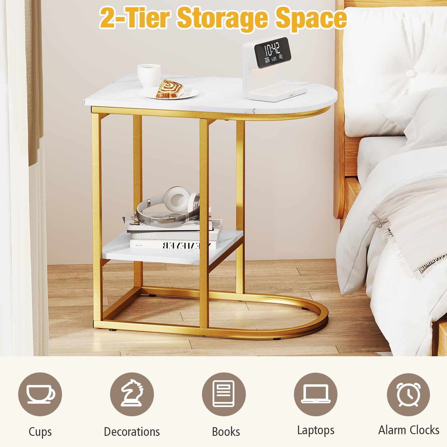 Modern C-shaped Side Table with Faux Marble Top and 2-Tier Storage Shelf