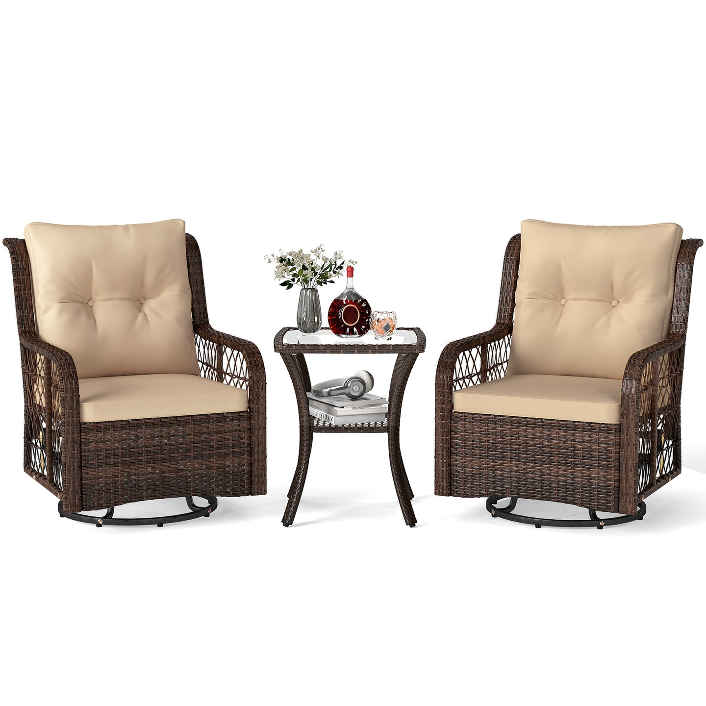 Mix Brown Rattan 3-Piece Patio Set, Swivel Rocking Chairs and Glass Side Table