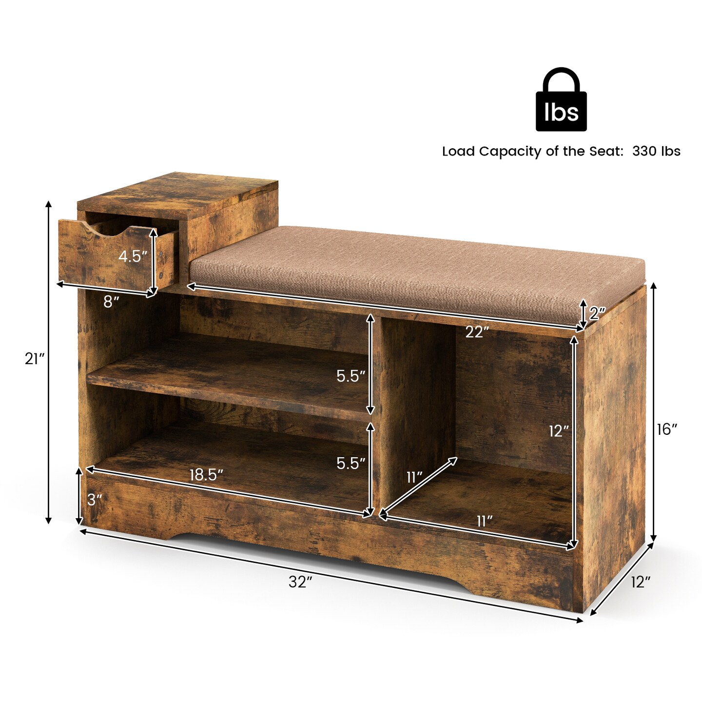 Storage Bench with Drawer and Open Shelves for Entryway and Shoes