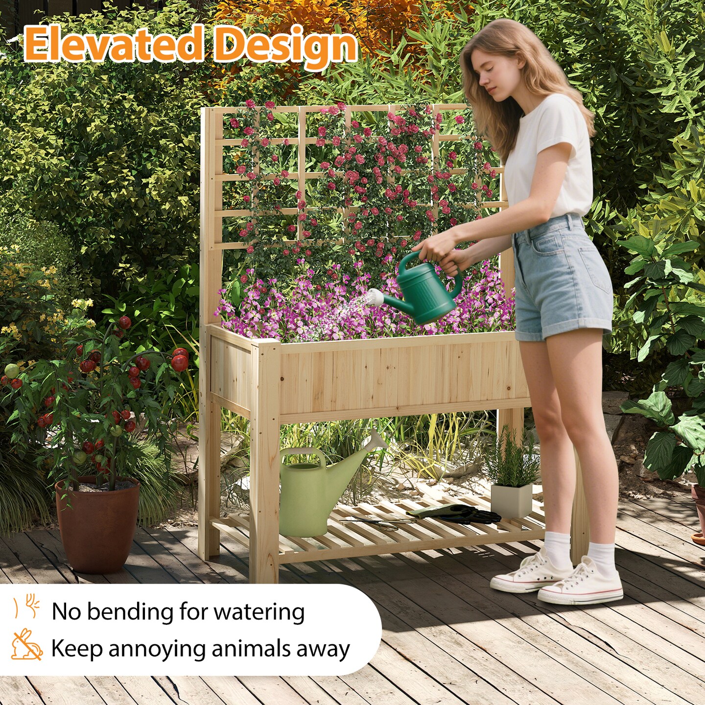 Fir Wood Raised Garden Bed with Trellis and Storage Shelf, 3-in-1 Design