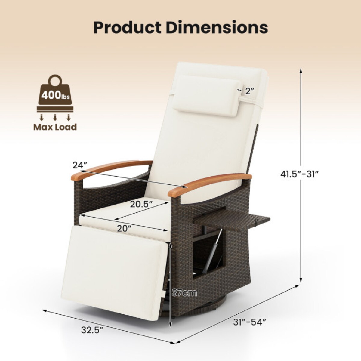 Brown Rattan Swivel Recliner Chair with Adjustable Backrest, Cushion and Foldable Side Table