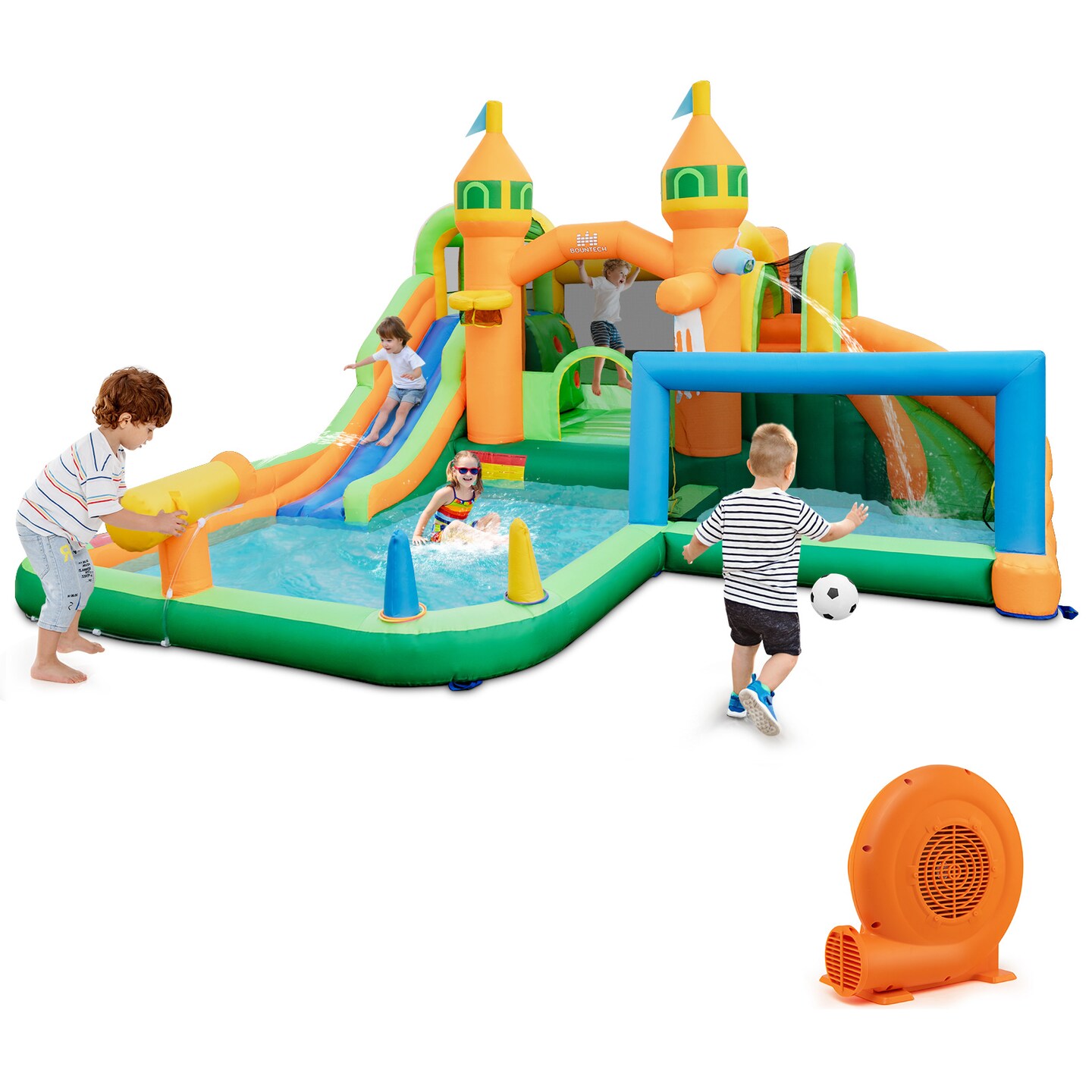 Multi-color Inflatable Water Park for Kids with Water Slide Basketball Hoop Soccer Game and Climbing Wall