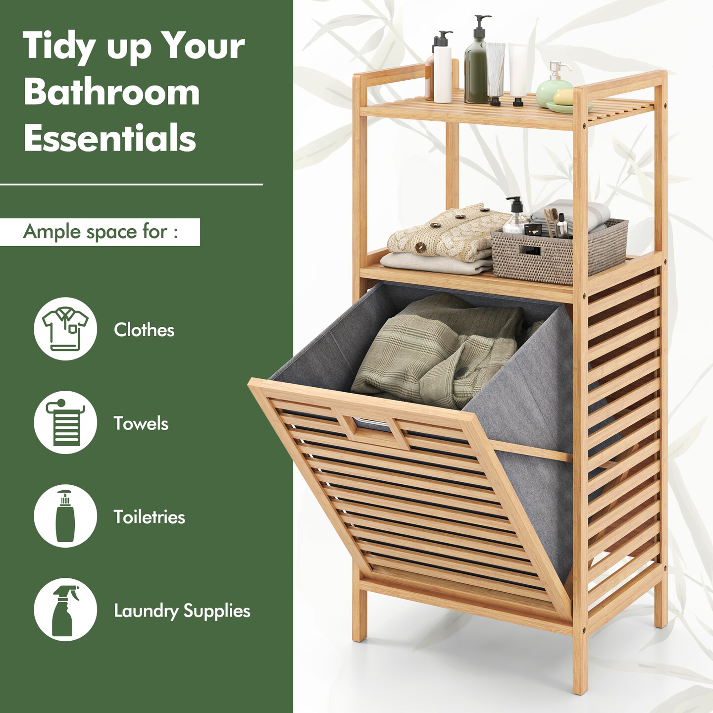 2-Tier Tilt-Out Laundry Hamper with Foldable Basket and Storage Shelves