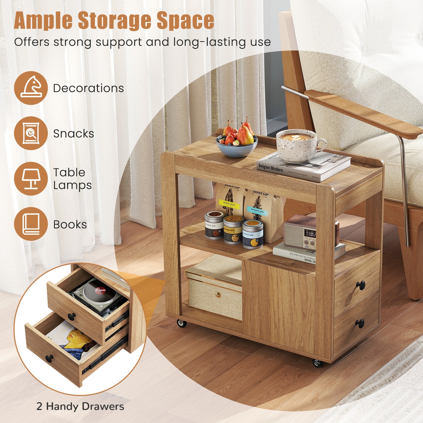 Versatile 2-Drawer Sofa Side Table with Shelves for Small Space Storage