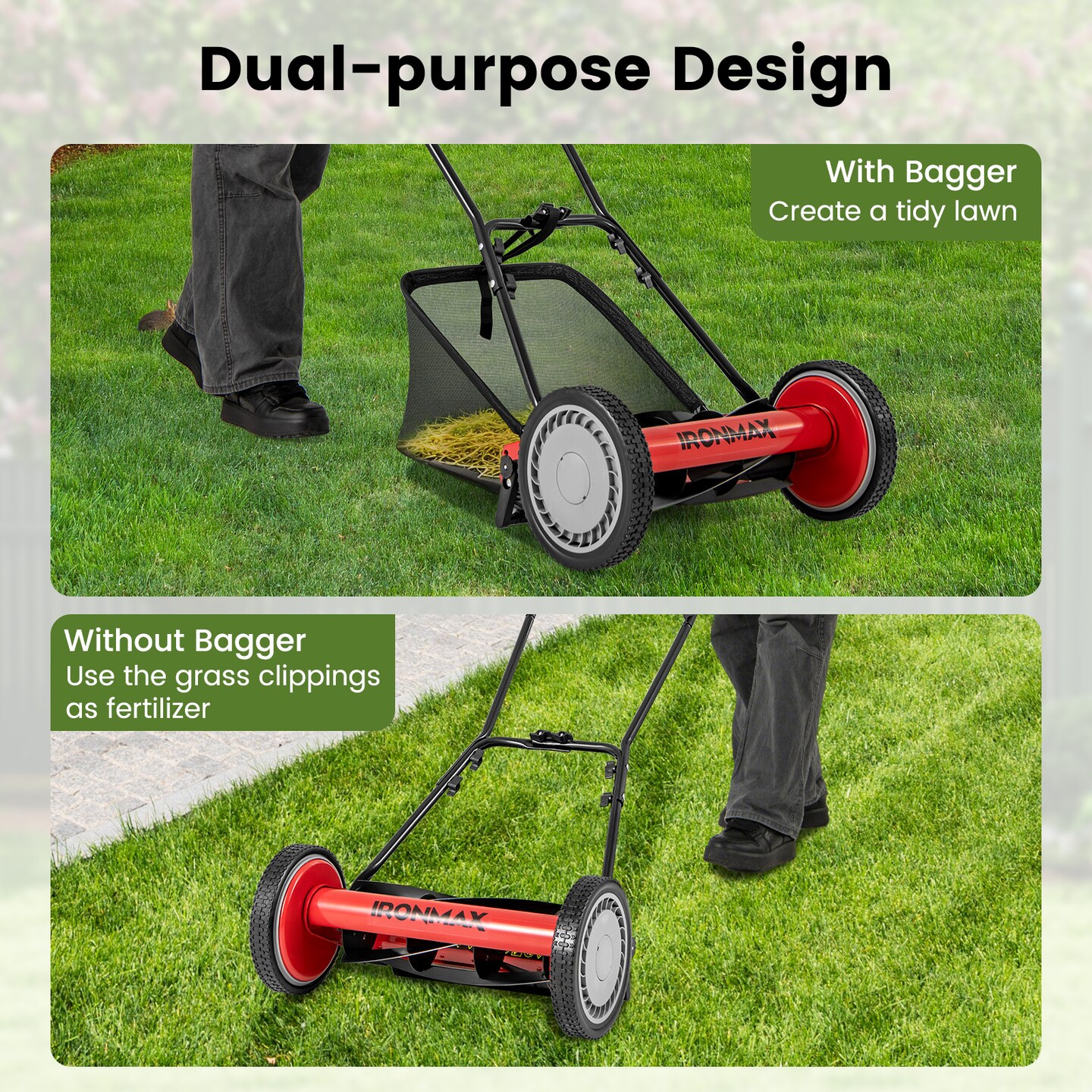 Manganese Steel Push Lawn Mower with Adjustable Height and Rear Bag