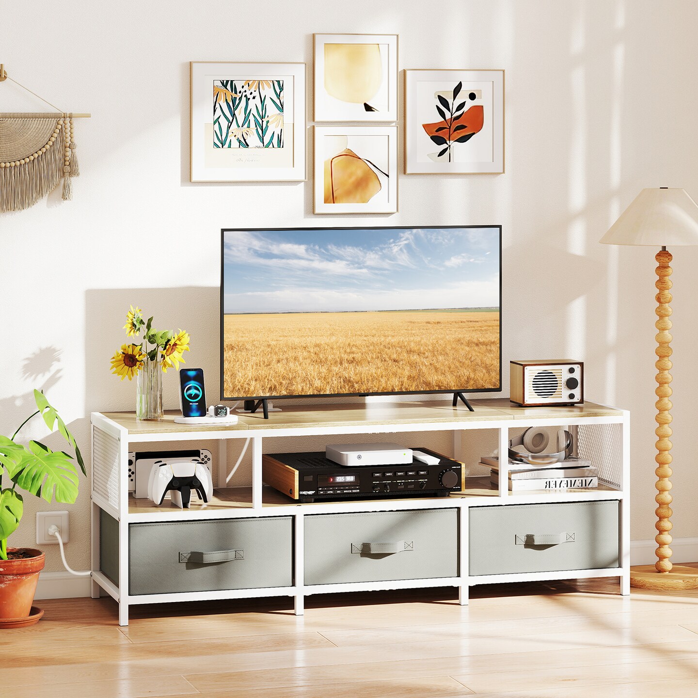 TV Stand with Charging Station, Metal Frame and Storage Drawers
