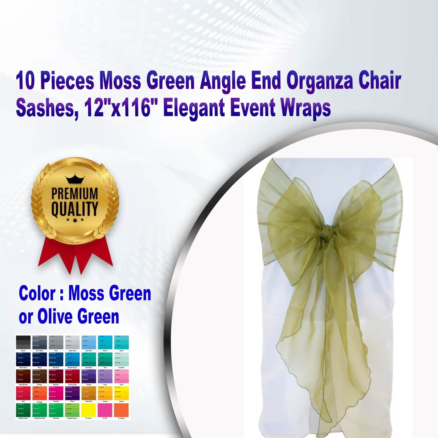 10 Pieces Moss Green or Olive Green Angle End Organza Chair Sashes, 12"x116" Elegant Event Wraps