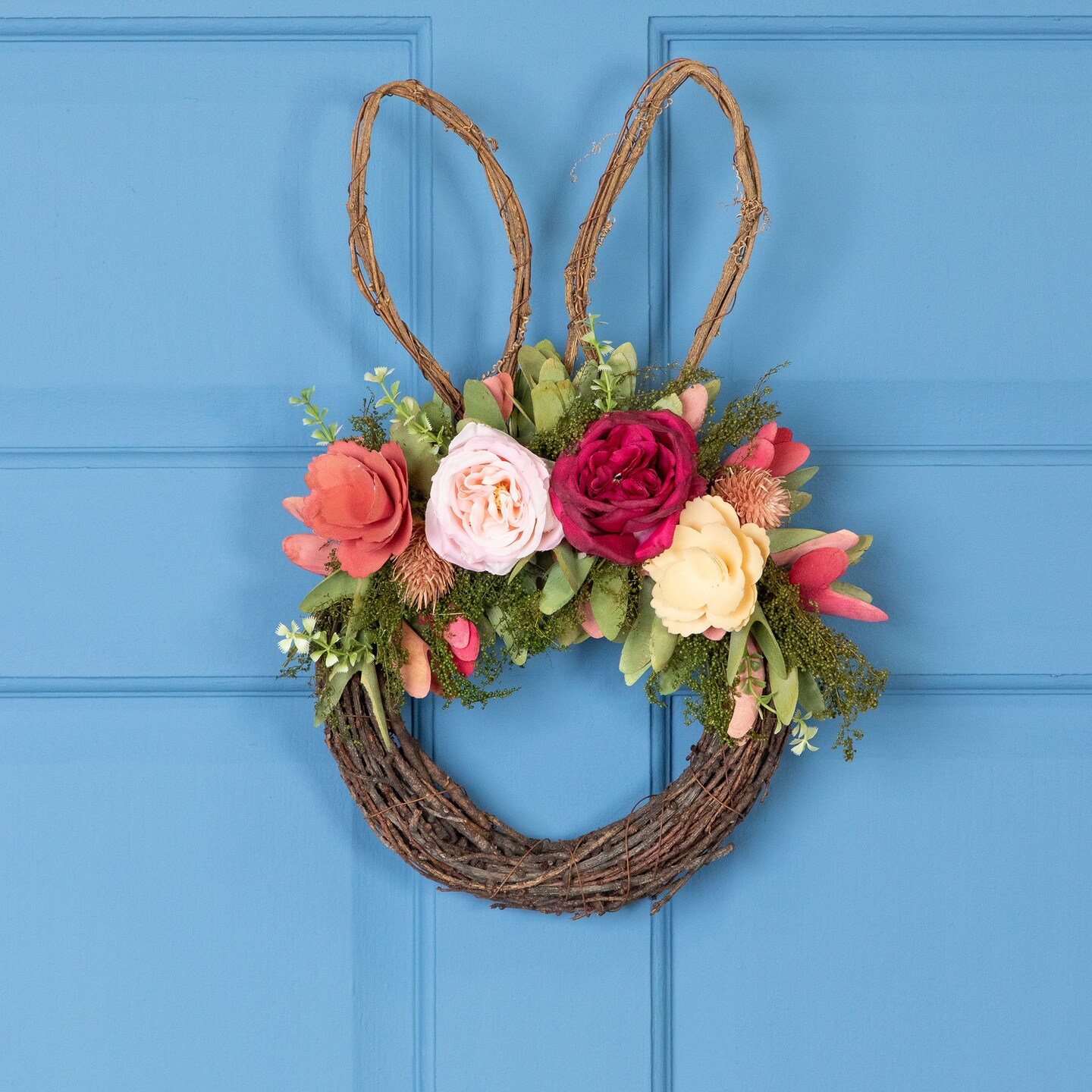 Northlight Wooden Floral Easter Bunny Ears Twig Wreath - 15&#x22;
