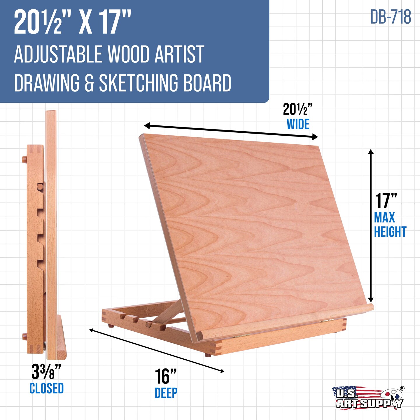 Large 20-1/2&#x22; x 17&#x22; Adjustable Wood Art Drawing Board - 5 Angles, Beechwood Construction, Pencil Ledge &#x26; T-Square - Perfect for Designing, Drafting, Sketching &#x26; Architecture Work