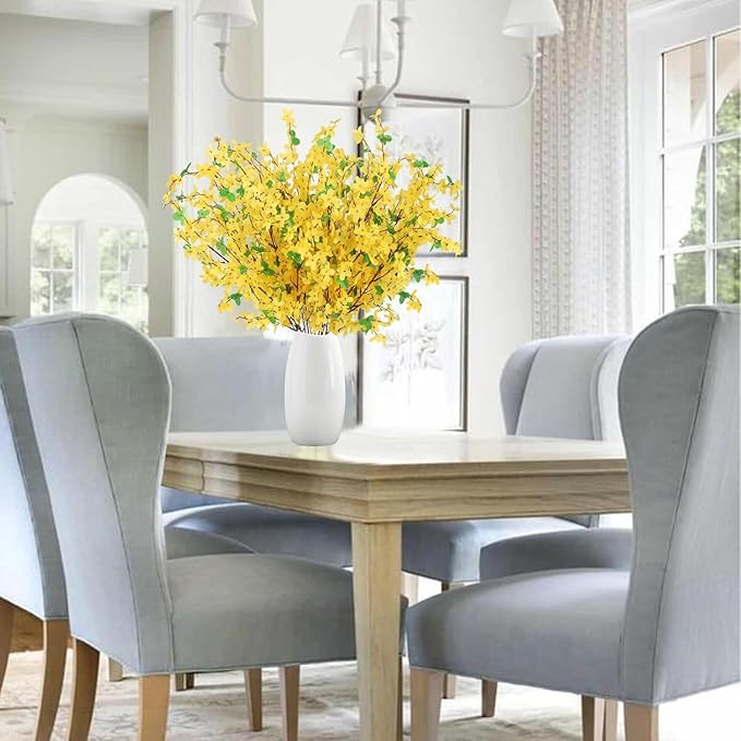 16PCS Artificial Flowers Yellow Silk Forsythia Branches Fake Winter Jasmine Long Stem Artificial Orchids Flowers Forsythia Stems for Home Indoor Outdoor Decor Wedding Party Cemetery (25.5in)