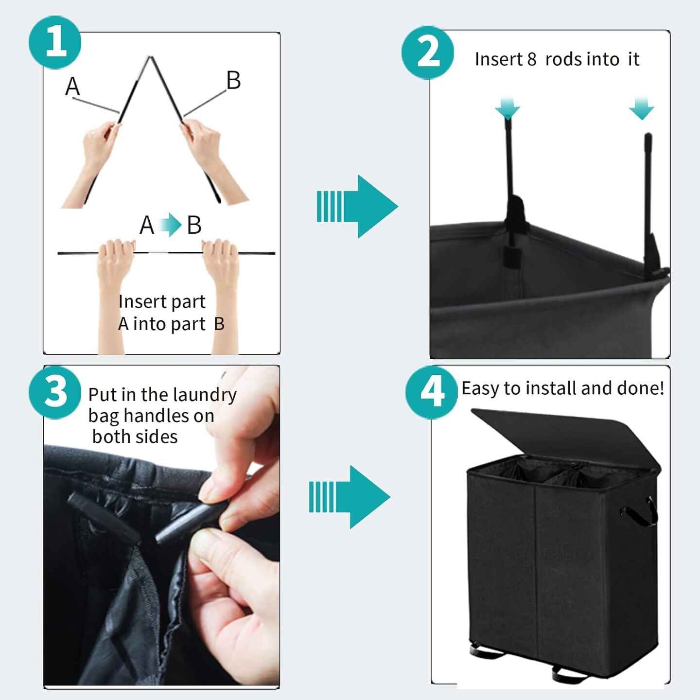 Double Laundry Hamper with Lid and Removable Bags, Laundry Basket 2 Section, Double Hampers for Laundry, Large Divided Hamper, Dual Laundry Hamper 2 Section with Handles Dorm 158L Black