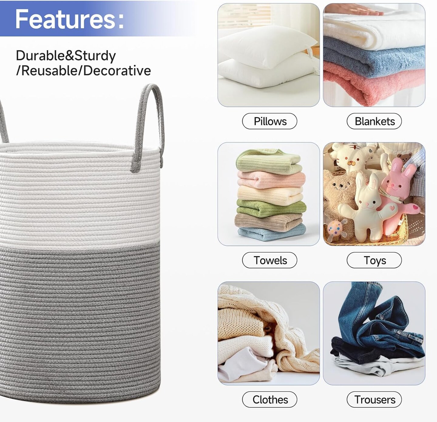 60L Laundry Hamper with Handles,Decorative Blanket Basket Tall Woven Rope Storage Basket for Dirty Clothes,Toys,Blankets in Living Room, Bathroom&#x26;Bedroom