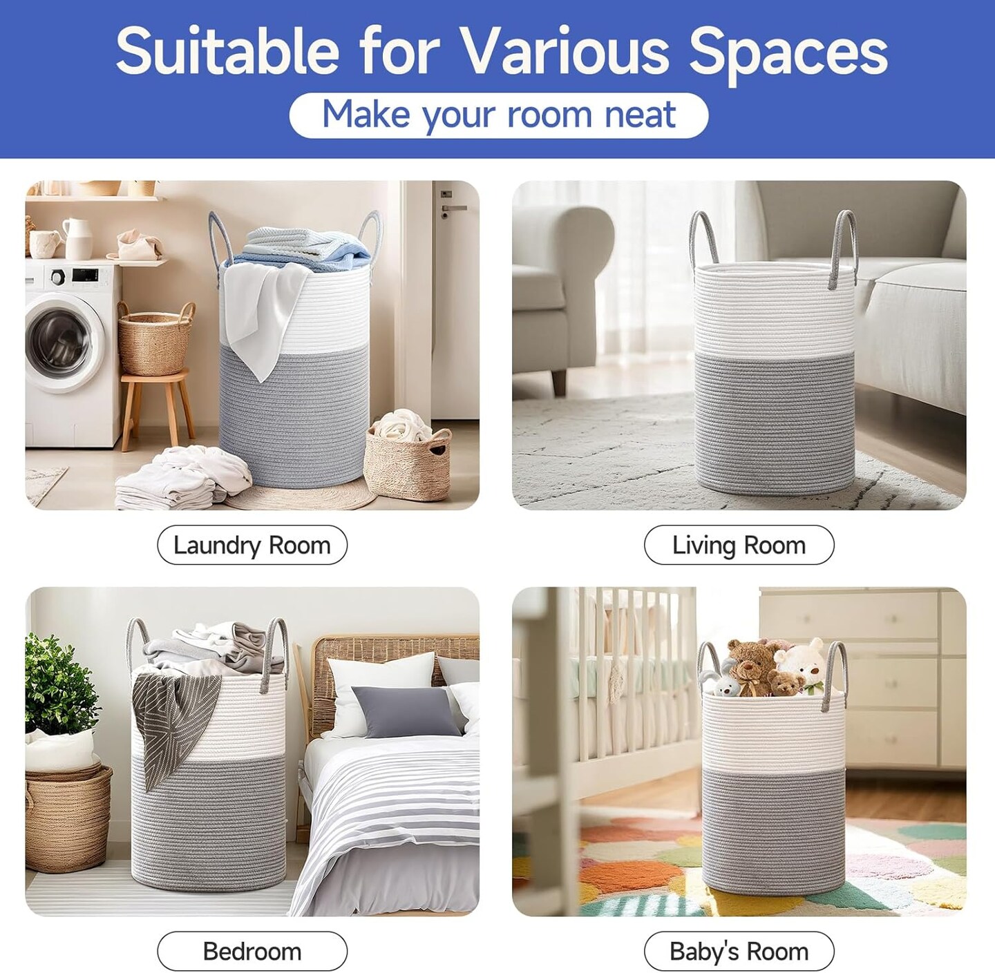 60L Laundry Hamper with Handles,Decorative Blanket Basket Tall Woven Rope Storage Basket for Dirty Clothes,Toys,Blankets in Living Room, Bathroom&#x26;Bedroom