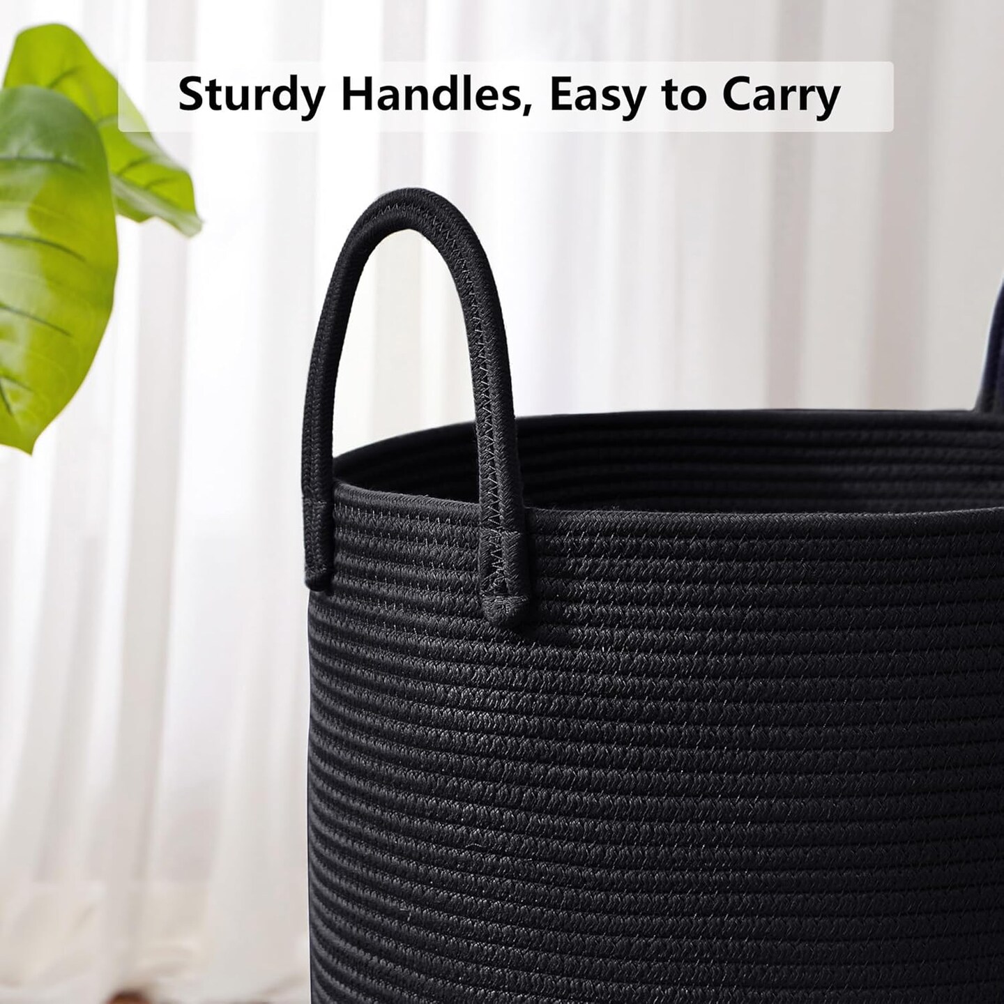Black Woven Rope Laundry Basket Hamper for Clothes Tall Modern Blanket Storage Basket in Living Room Bedroom