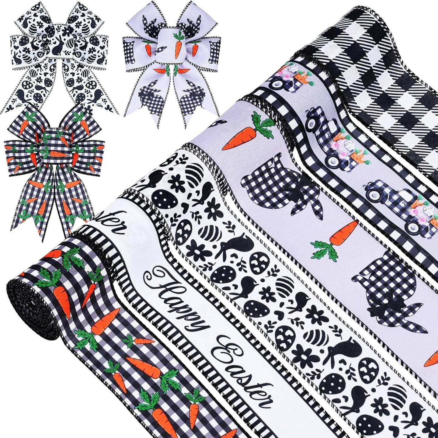 6 Rolls 30 Yards Easter Wired Ribbon 2.5 Inch Black White Ribbon Spring Craft Ribbon Bunny Carrot Decorative Ribbon for Easter Wreaths,Crafts,Big Bows,Gift Wrapping