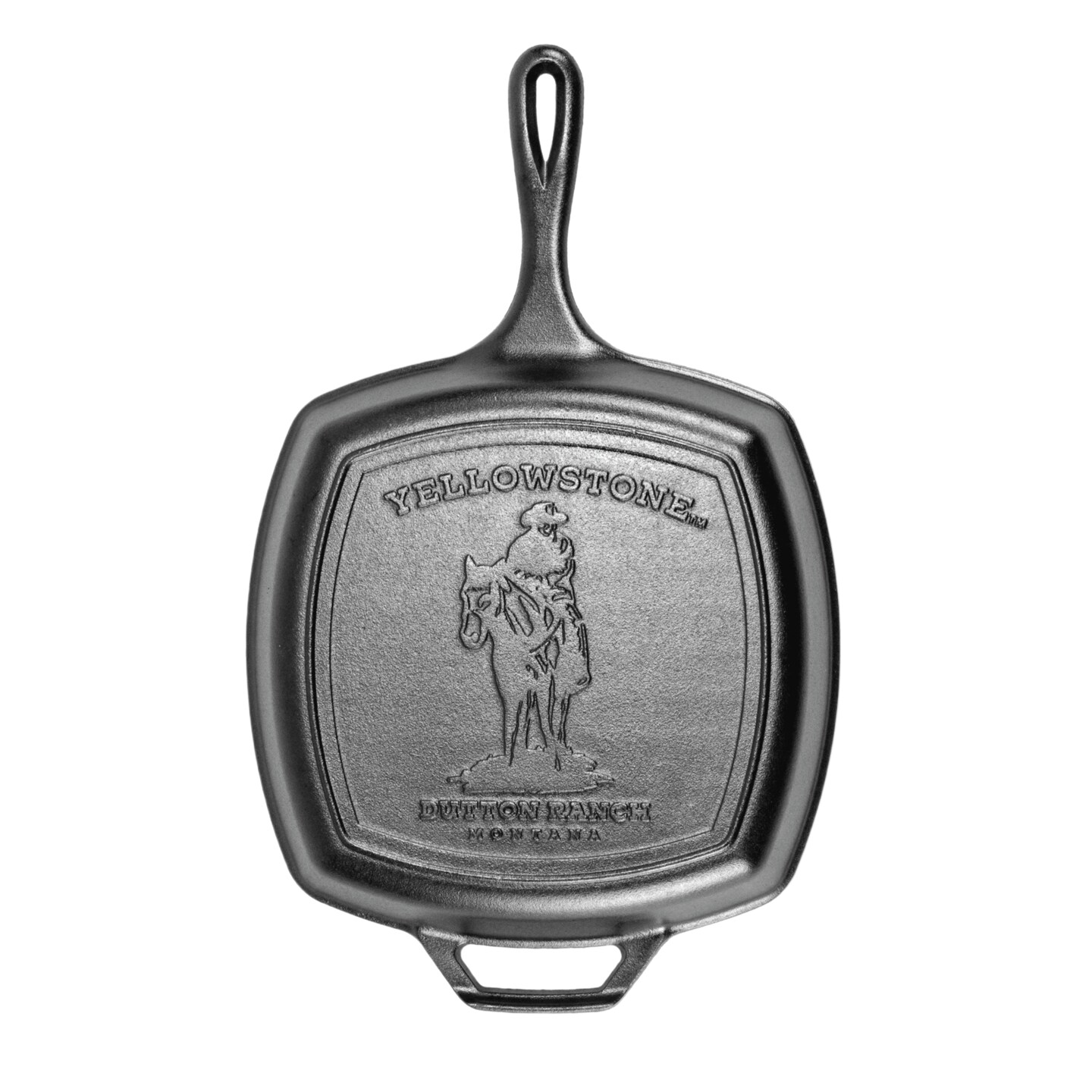 Lodge Yellowstone Square Grill Pan, Cast Iron 10.5 inch Pre-Seasoned Skillet with Grill Ribs and Assist Handle, Cowboy on Horseback Design