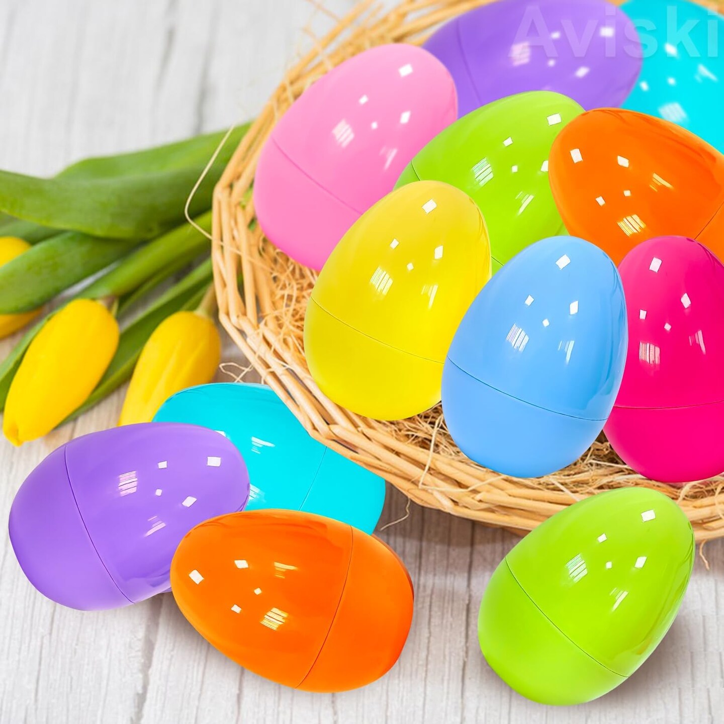 200Pcs 2.36inch Colorful Easter Plastic Eggs for Kids Egg Hunt Basket Bag Empty Stuffers Fillers with 2pcs Cute Non Woven Bags