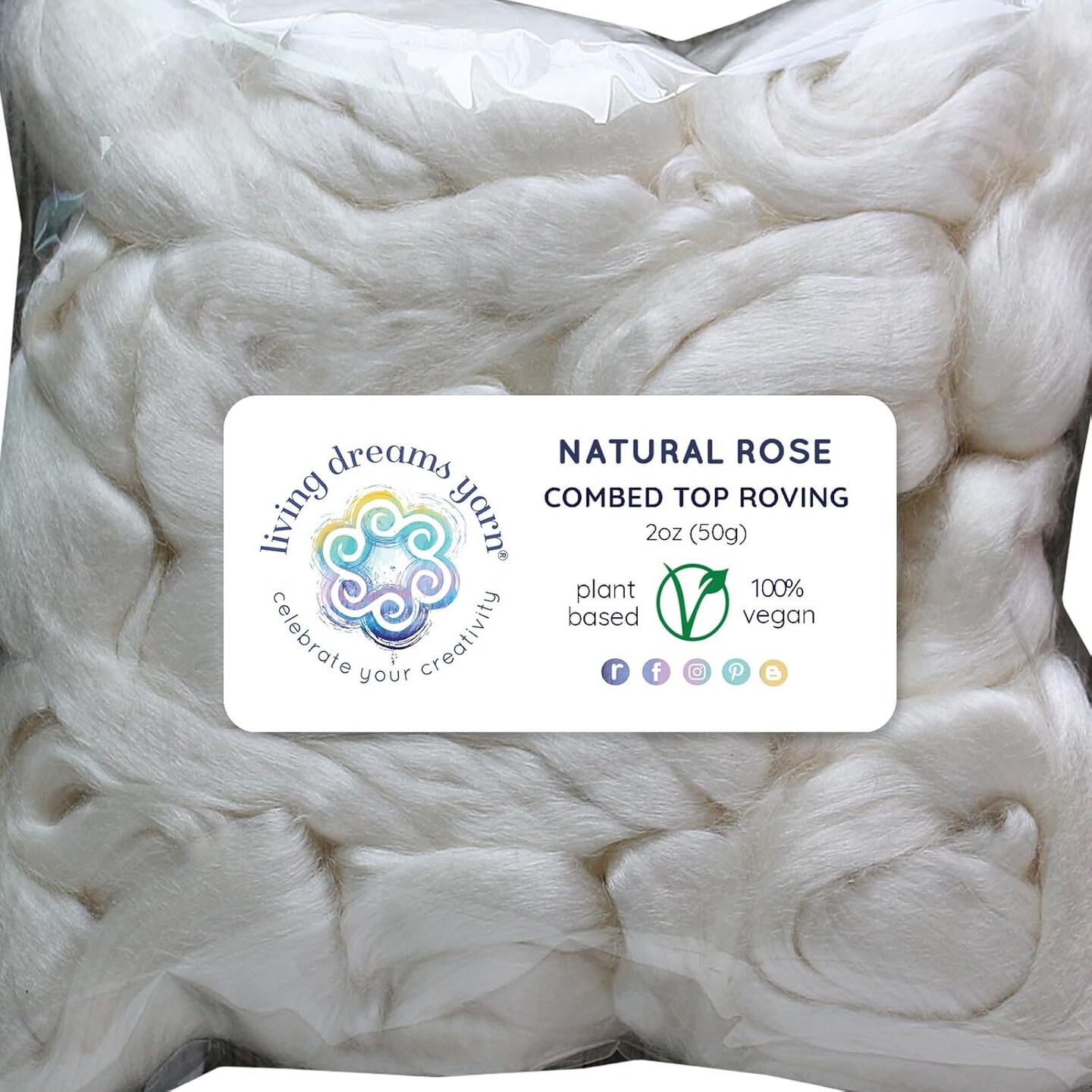 2oz Rose Fiber: Natural White Undyed Combed Top Roving. Plant Based, Eco Friendly, Vegan