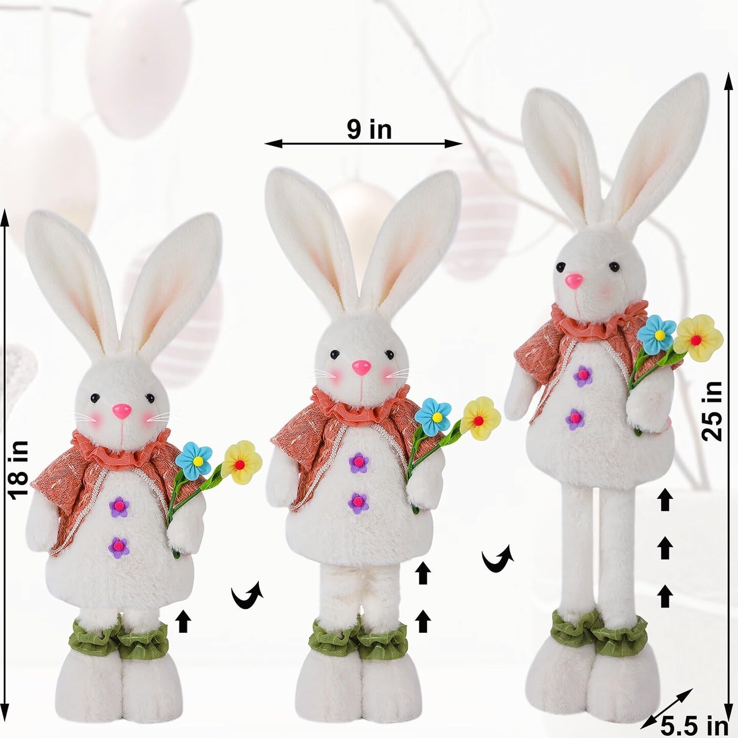 2 Pack Easter Standing Bunny with Stretchable Legs, 18" to 25" Plush Rabbits Couple Figurine, Cute Party Favor Photo Props Gifts for Office Kitchen Farmhouse Front Door Spring Home Decor