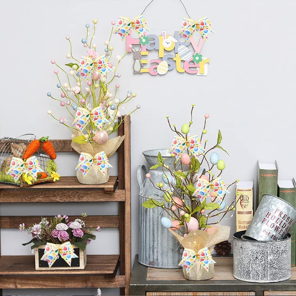 10 Pieces Easter Bows for Wreath, Happy Easter Wreath Bows White Yellow Burlap Bows Spring Holiday Eggs Flowers Gift Bows for Front Door Easter Spring Birthday Party Decorations Supplies