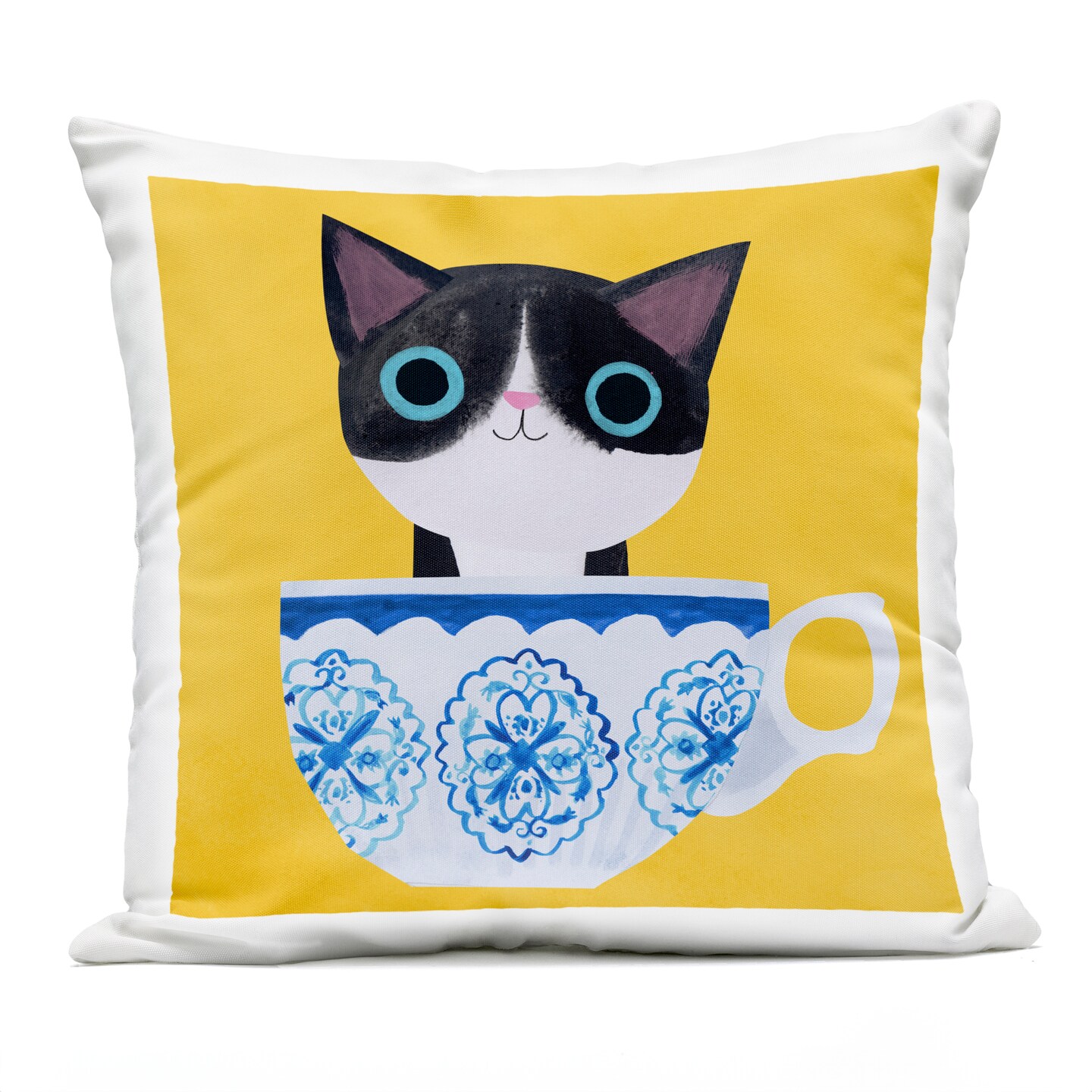 Stupell Industries Teacup Kitten on Yellow Outdoor Pillow, 18 x 7 x 18