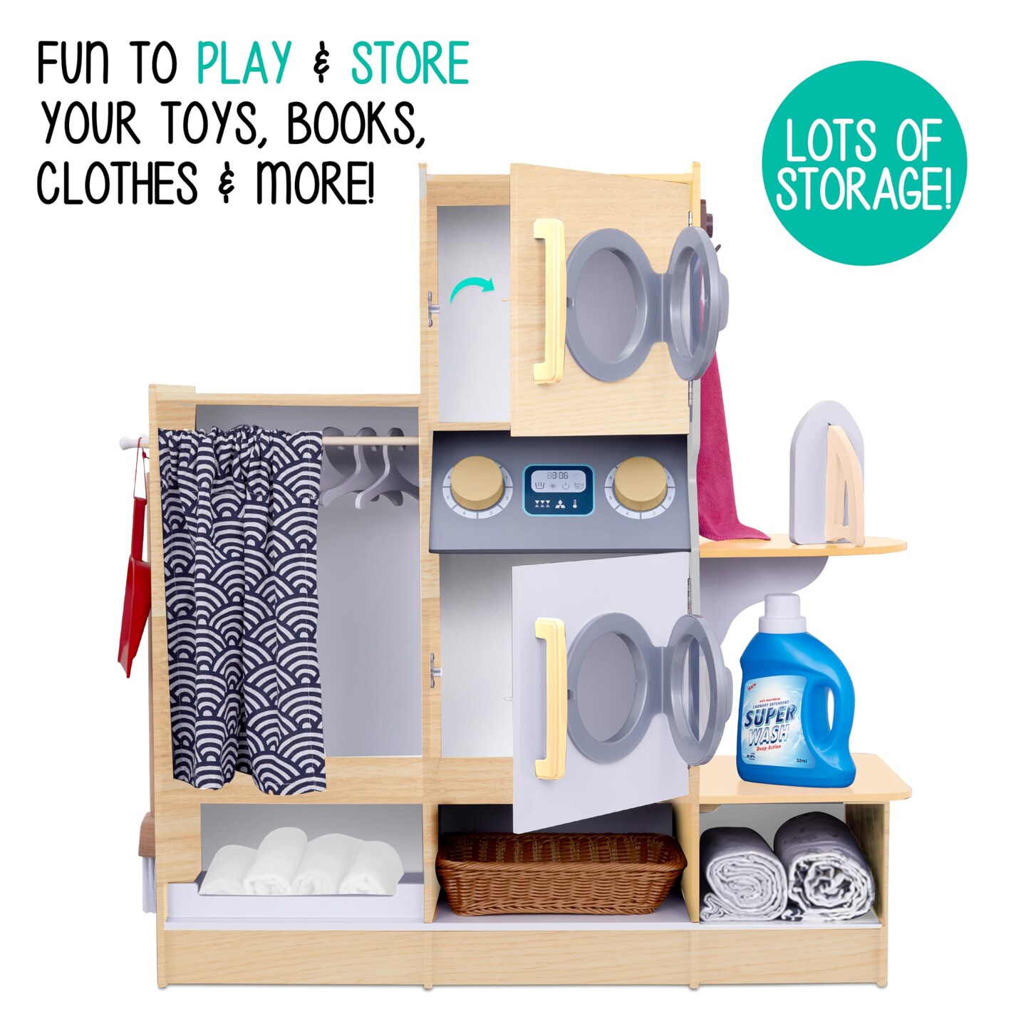 Lil' Jumbl Wooden Pretend Laundry Playset for Kids with Washer and Dryer