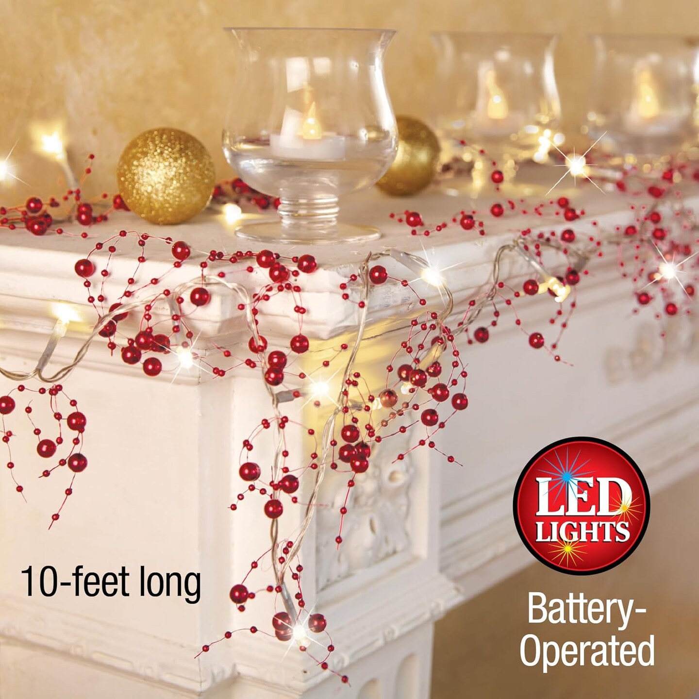 Indoor Christmas Decorations, Festive Lighted Berry Beaded Garland Gold- 120&#x22; L
