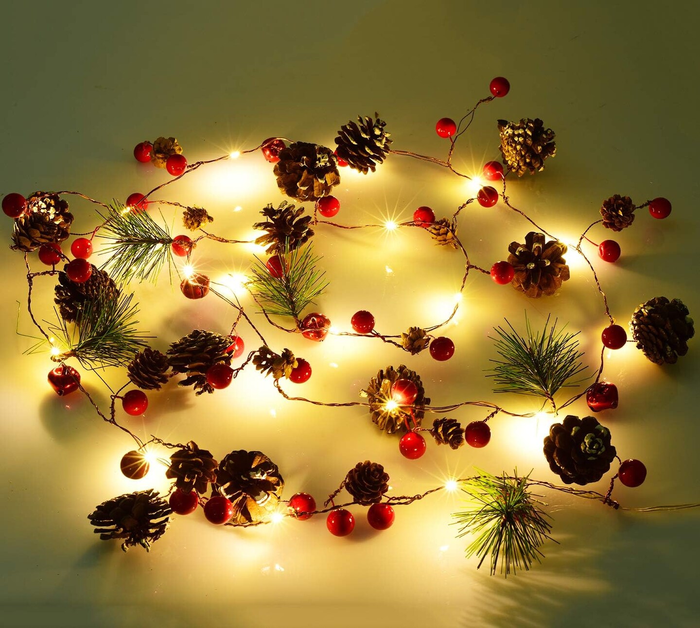 6.7FT Christmas Garland with Lights, 20 LED Red Berry Pine Cone Garland Lights Battery Operated