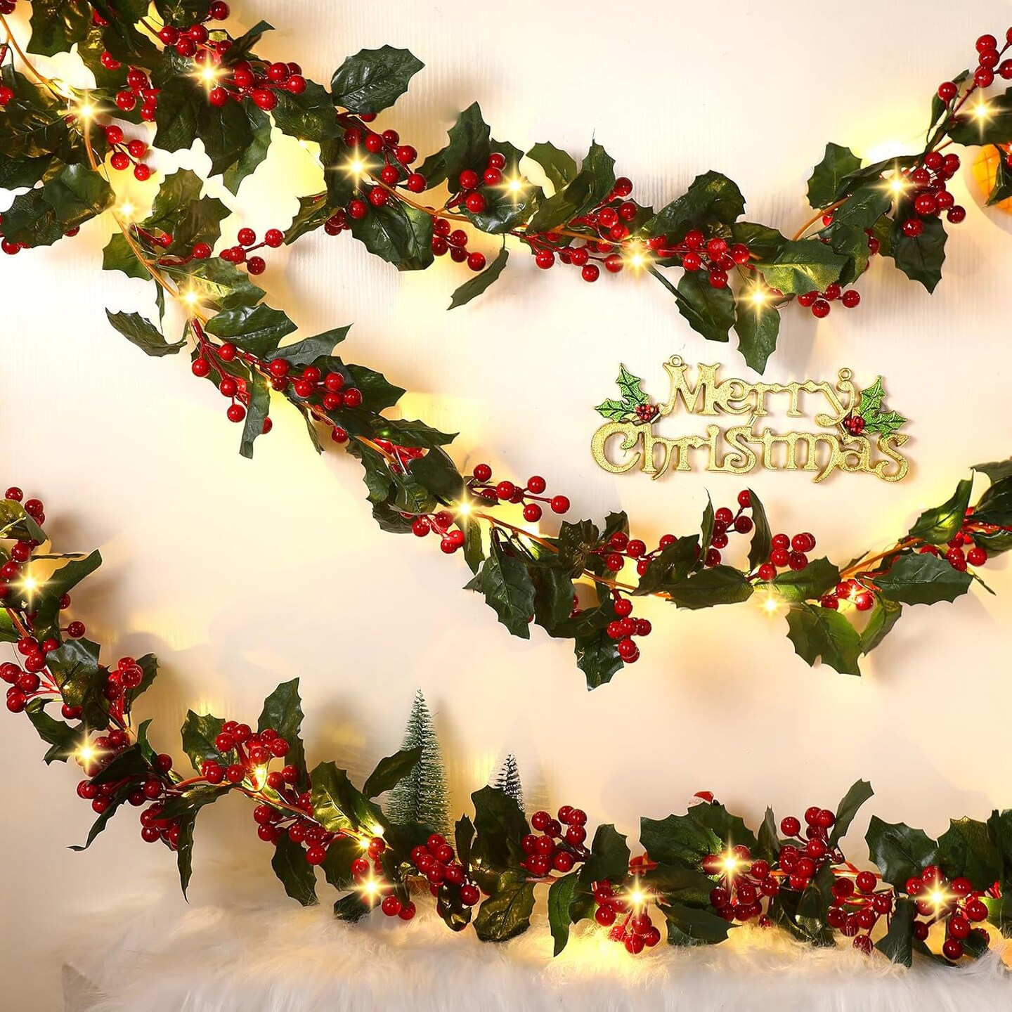 18 ft 3 Pcs Lighted Christmas Garland with Red Berry