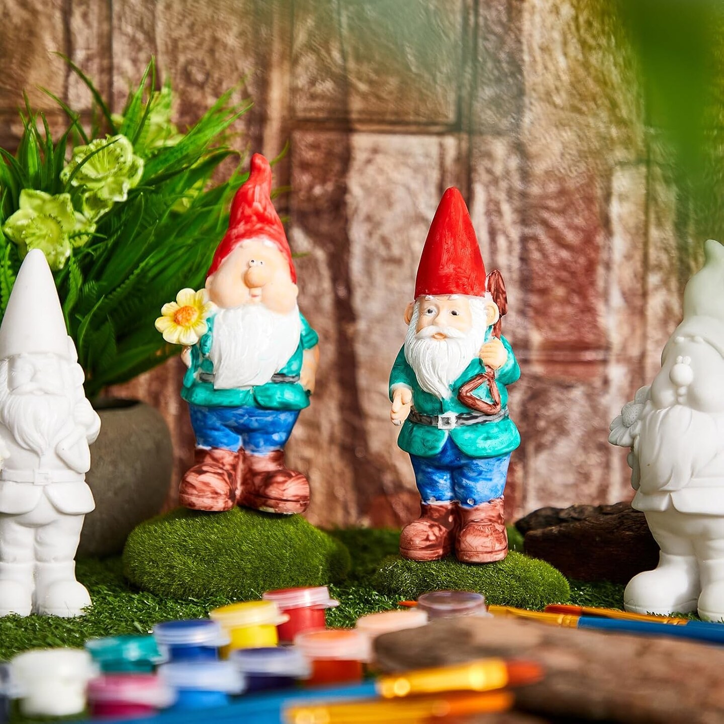6 Pcs Paint Your Own Garden Gnomes Unpainted Kit to Paint Statue Spring DIY Craftworks with Acrylic