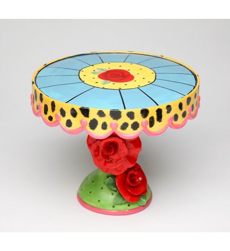 Ceramic Medium Cake Stand Leopard Print with Red Rose Flowers, Birthday Party Decor, Wedding Decor, Cafe Decor