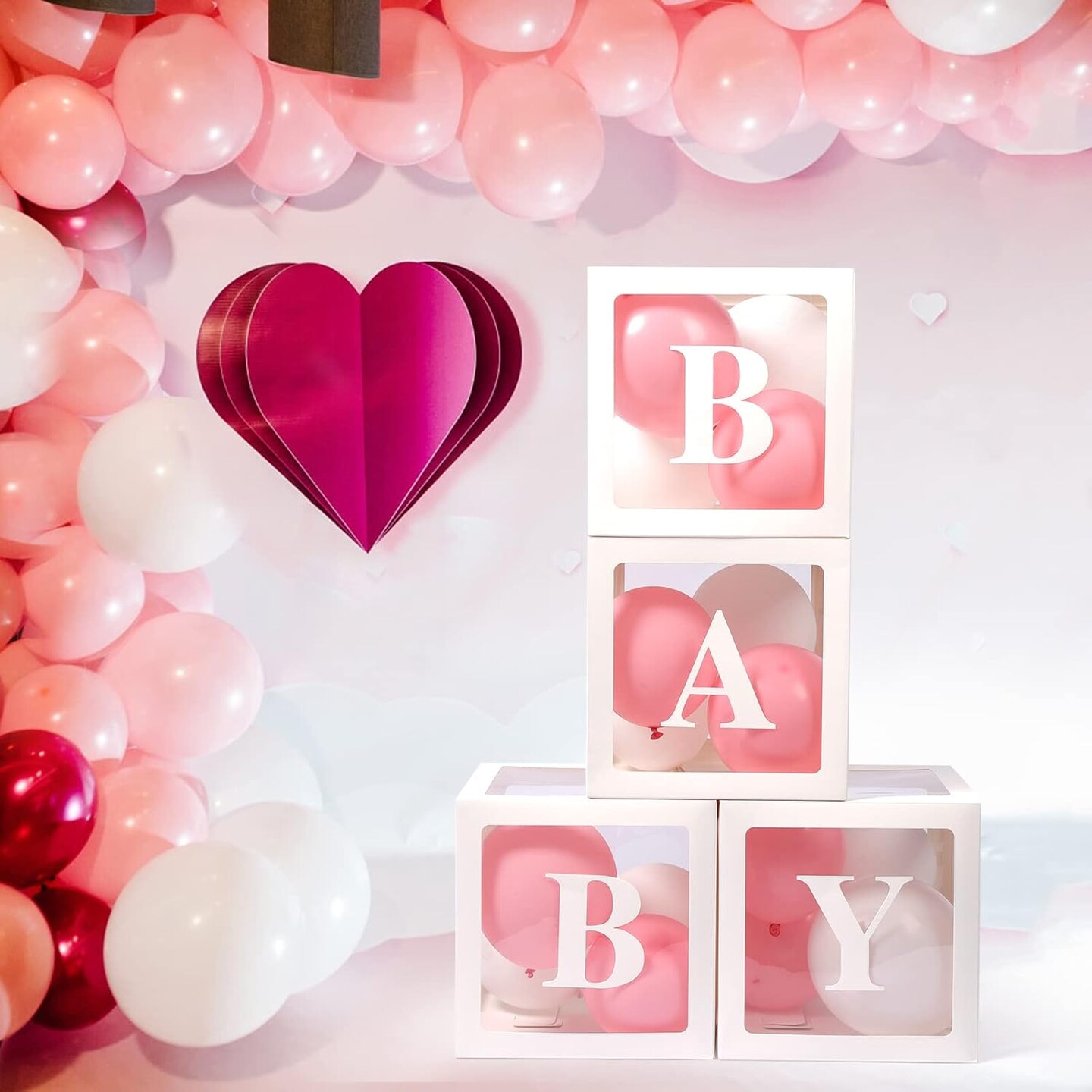 Baby Boxes with Letters for Baby Shower, 4 Transparent Balloon Boxes with Letters for Gender Reveal Birthday Wedding Baby Shower Decorations