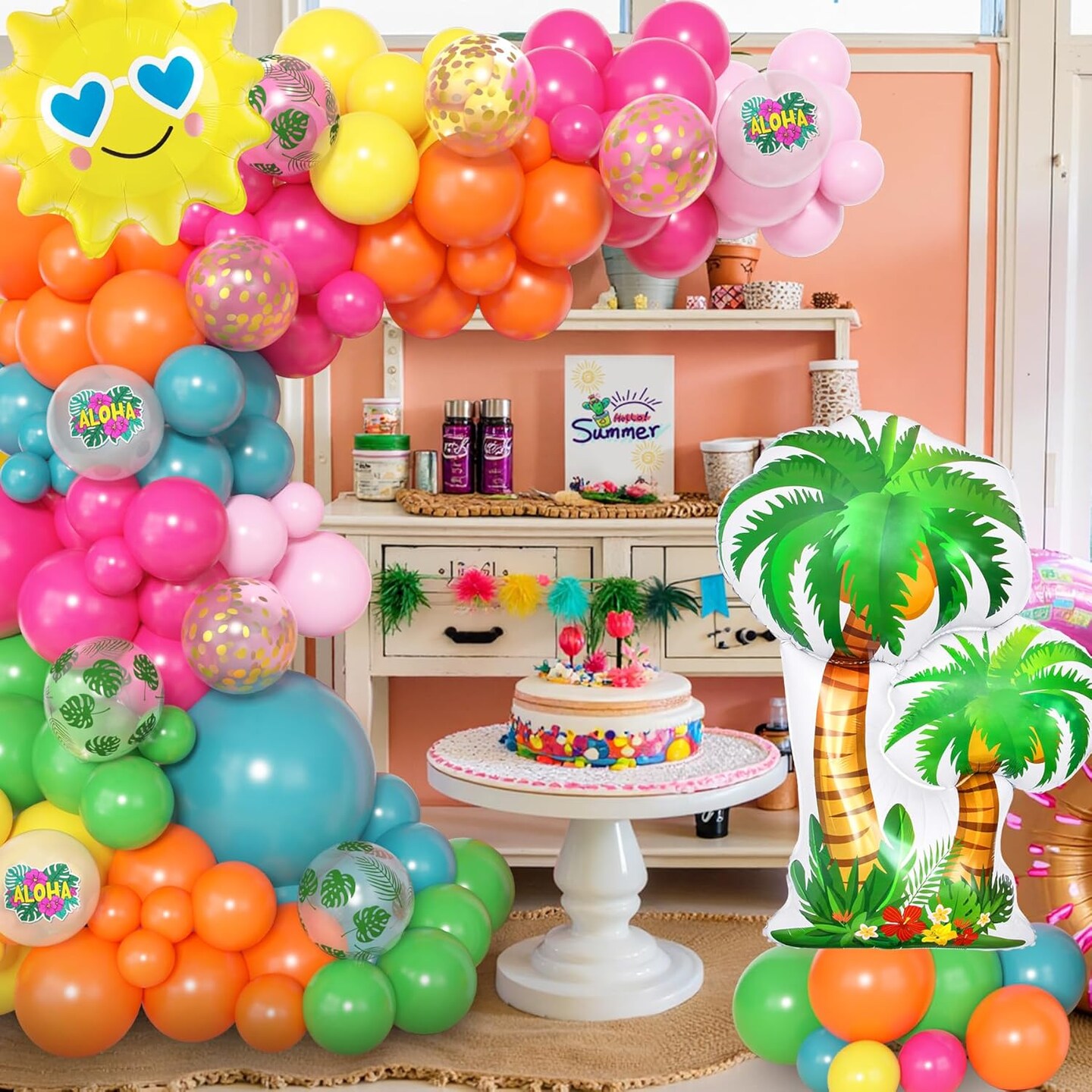 165Pcs Summer Tropical Balloon Arch Garland Kit, Hot Pink Green Orange Blue Yellow Foil Coconut Sun Palm Leaves Aloha Neon Rainbow Balloons for Hawaiian Luau Pool Birthday Party Decorations