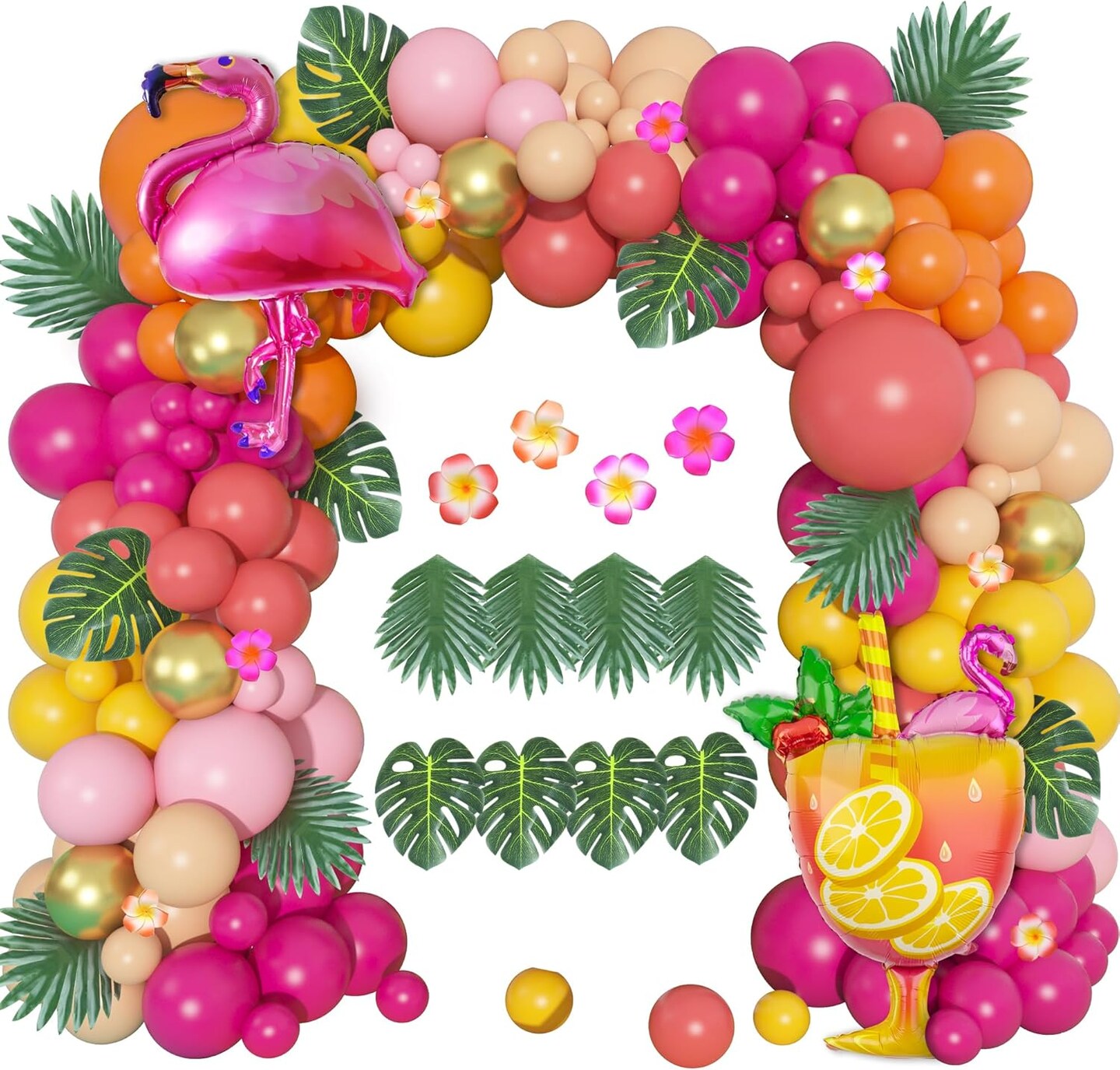 178Pcs Tropical Balloons Arch Garland Kit, Luau Tropical Party Decorations with Aloha Pineapple Coconut Hot Pink Aqua Blue Balloons &#x26; Palm Leaves for Hawaiian Summer Birthday Supplies