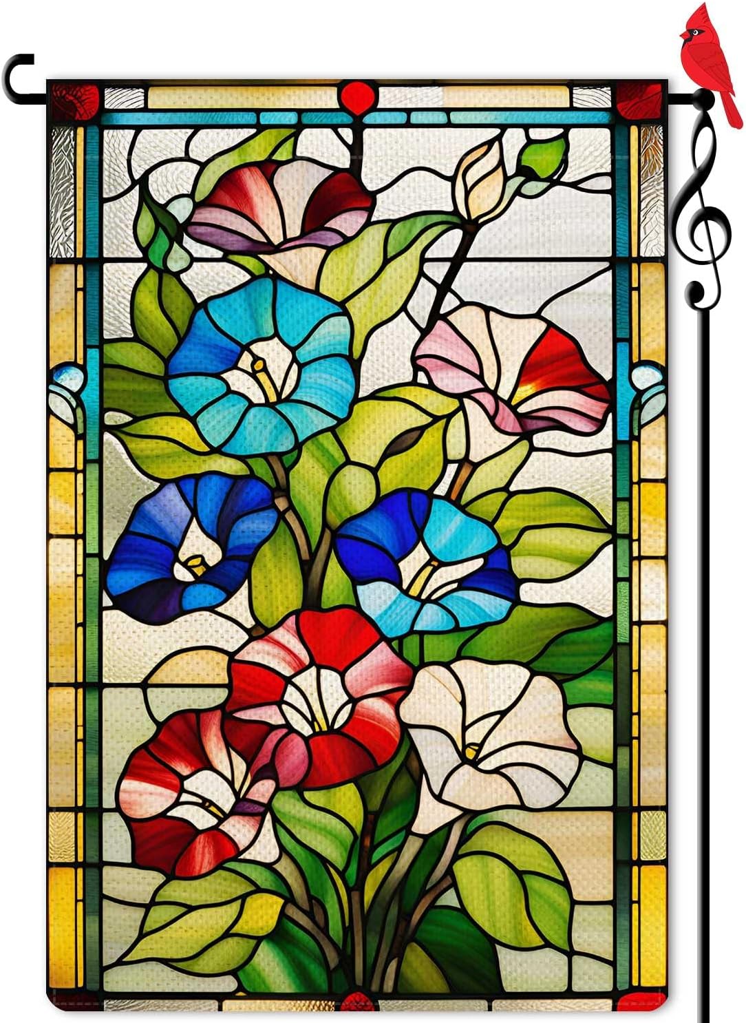 Spring Morning Glory Garden Flag – 12.5x18 Inch Double-Sided Outdoor Burlap Flag with Colorful Stained Glass Floral Design, Welcome Flag for Yard, Lawn, and Seasonal Decor