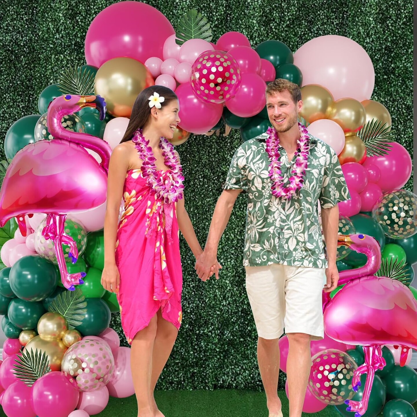 156Pcs Tropical Flamingo Balloon Arch Garland Kit, Hot Pink Dark Green Light Pink Gold Confetti Flamingo Foil Balloons