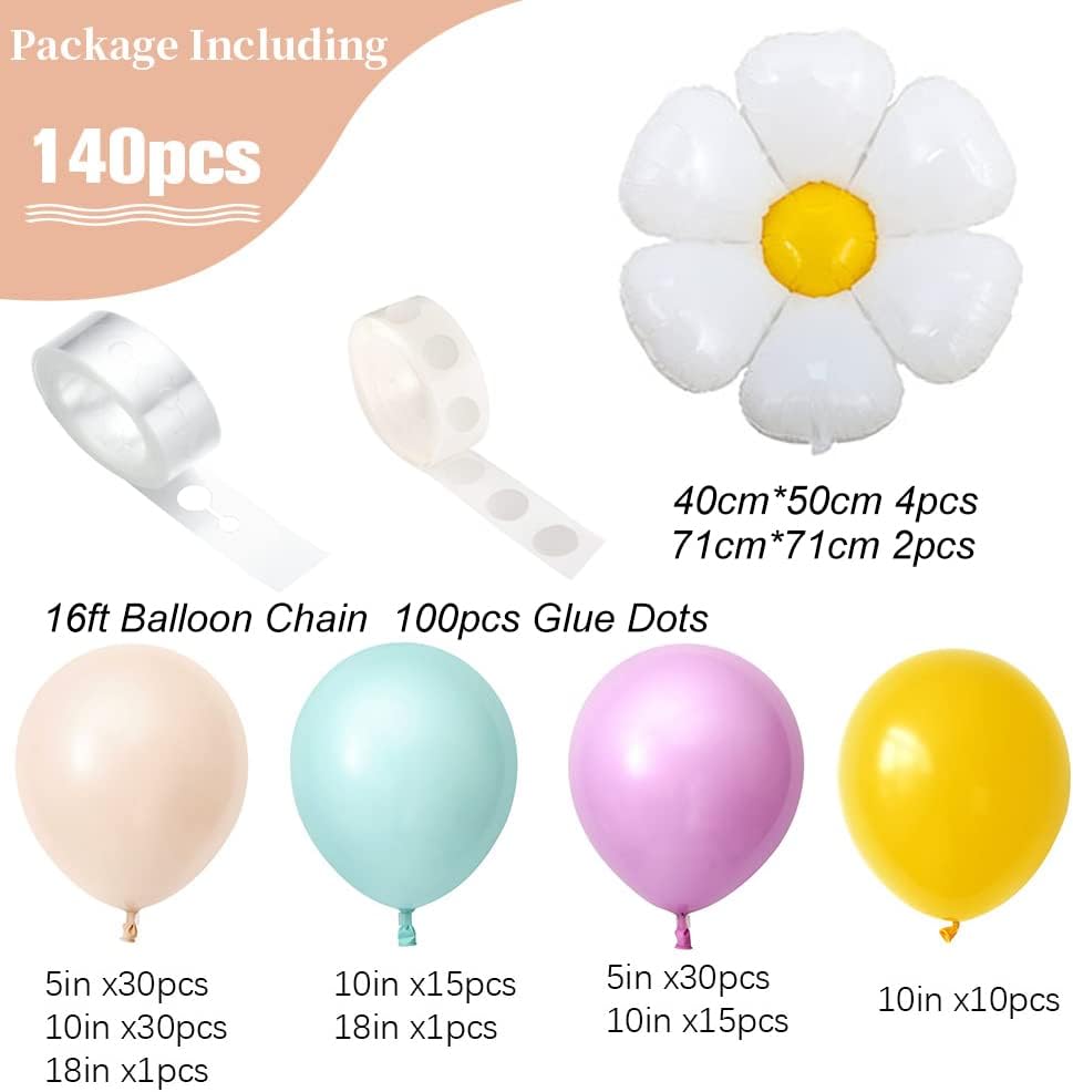 Daisy Balloon Garland Arch Kit 140Pcs Macaron Purple Green Nude Yellow Party Decorations for Boho Two Groovy Birthday Baby Shower Flower Decor