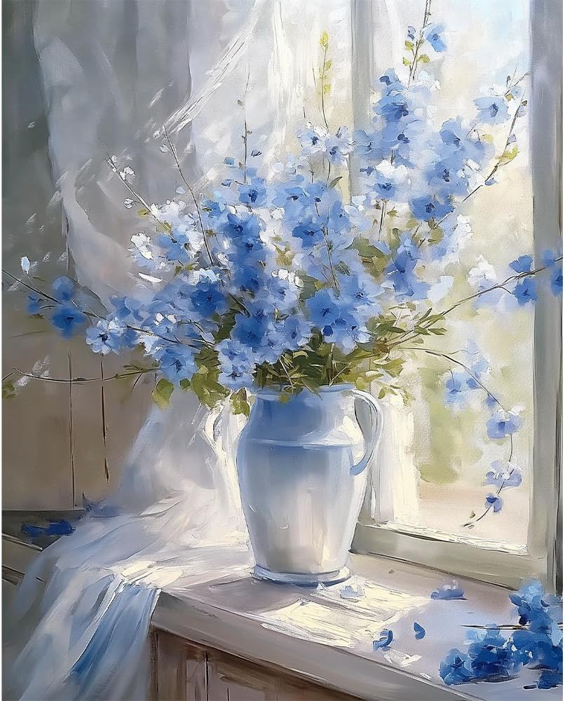 16x20 Inch Blue Flower Paint by Numbers for Adults - DIY Floral Vase Acrylic Painting Kit for Beginners - Botanical Canvas Art Craft for Home Wall Decoration (Unframed)