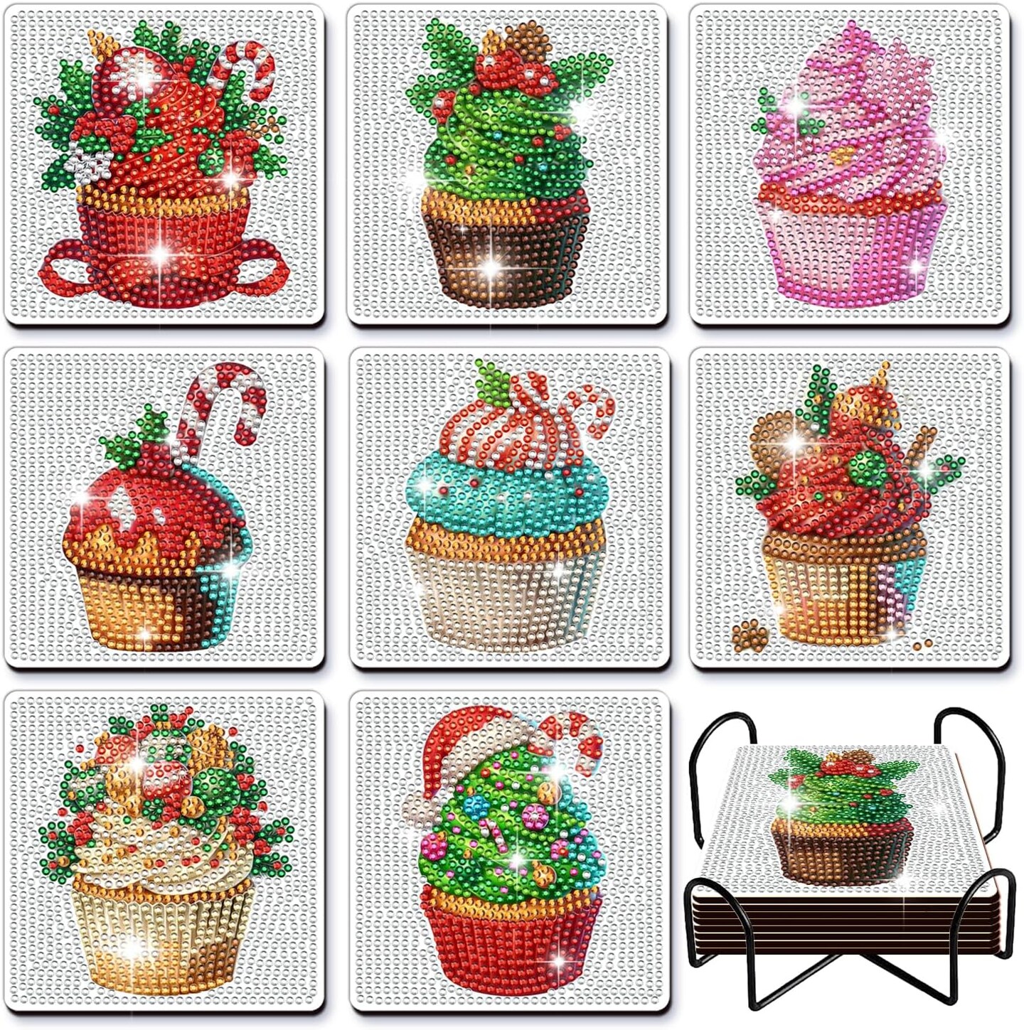 8 Pcs DIY Diamond Art Painting Christmas Cupcake Coasters with Holder, Christmas Style Coasters Diamond Art Kits for Adults Beginners. Diamond Craft Supplies Coasters for Drinks
