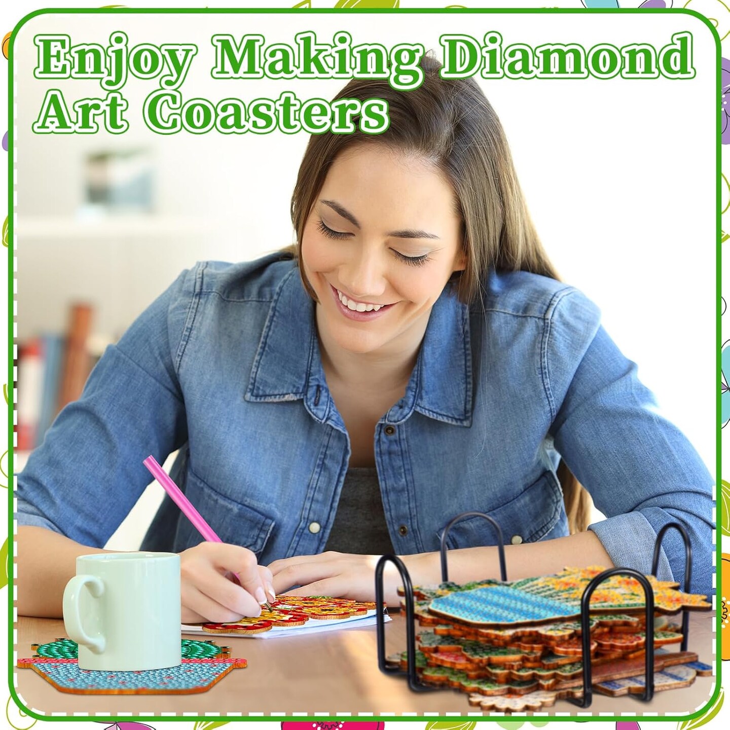 20 Pcs Spring Diamond Painting Coasters Flower Diamond Art Coasters with Holder Wooden Spring Potted Plants Diamond Coasters 5D Diamond Art Kits for Adults DIY Crafts Beginner Gifts Supplies