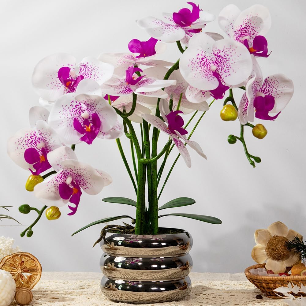 Artificial Orchids Flowers with Vase for Table Centerpieces, Floral Arrangements, Real Touch Faux White Orchid Phalaenopsis in Ceramic Vase for Home Wedding Kitchen Decoration (Silver Vase, White Purple)