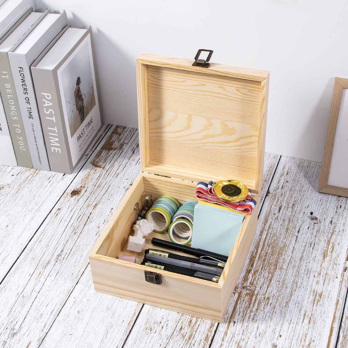 Unfinished Wooden Storage Box with Hinged Lid and Front Clasp, 7.7&#x27;&#x27; x 7.7&#x27;&#x27; x 3.9&#x27;&#x27; Keepsake Box, Rustic Wood Gift Boxes for Jewelry, Art Hobbies and DIY lovers